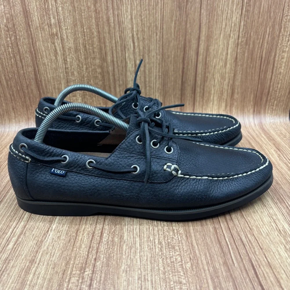 Polo Ralph Lauren Bienne Boat Shoes Mens Black Excellent 11D Pebbled Leather